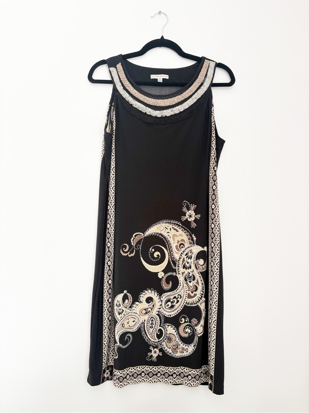Sandra Darren Black Shift Dress with Cream and Gold Paisley Embroidery